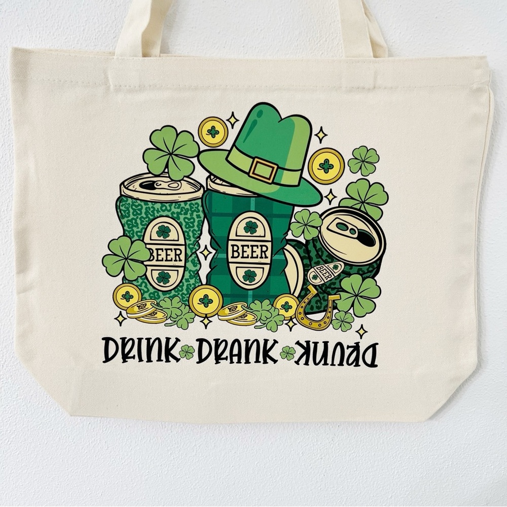 St. Patrick’s Day “Drink Drank Drunk” Canvas Tote Bag